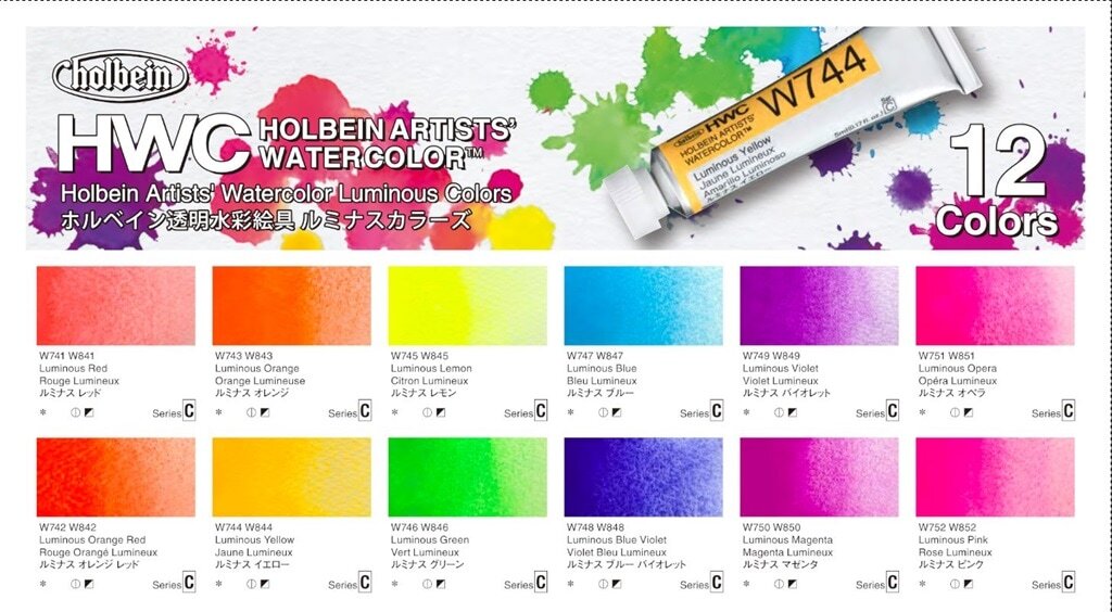 Set Acuarelas Profesionales Holbein Luminous (Fluorescentes luminosas) 12 colores
