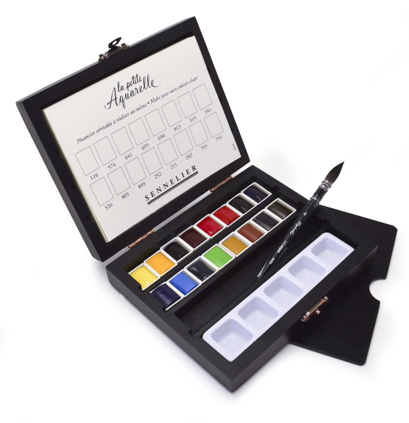 Set Acuarelas Caja de Madera Sennelier 12 1/2 Pastillas + Pinceles + Paleta Calidad Fina