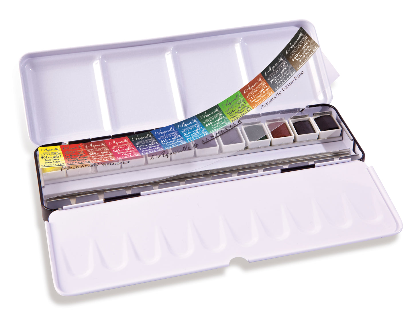 Set Acuarelas Sennelier "L´Acuarelle" Extrafinas - 12 Media Pastillas + 12 compartimientos (En caja de metal)