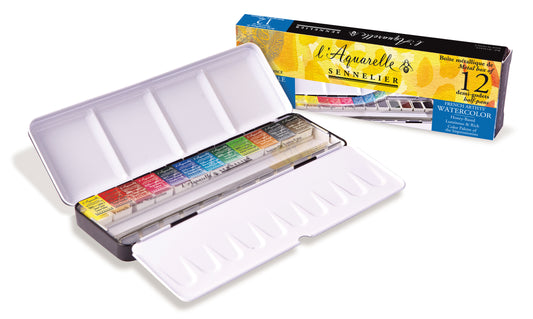 Set Acuarelas Sennelier "L´Acuarelle" Extrafinas - 12 Media Pastillas + 12 compartimientos (En caja de metal)