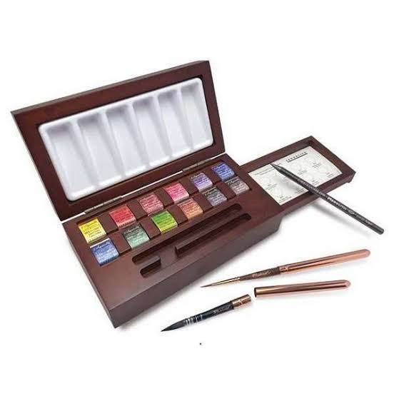Set Acuarelas Caja de Madera Sennelier 12 1/2 Pastillas + Pinceles + Paleta Calidad Extrafina